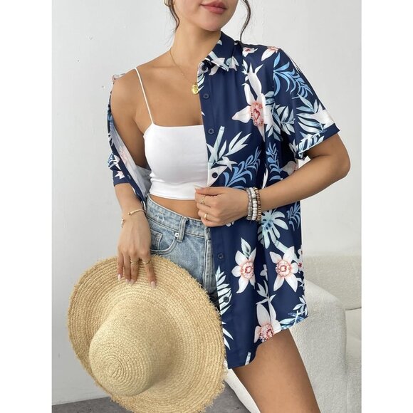 Women Dark Blue Hawaiian Button Down Shirts Short Sleeve Casual Floral Shirt - Picture 2 of 7